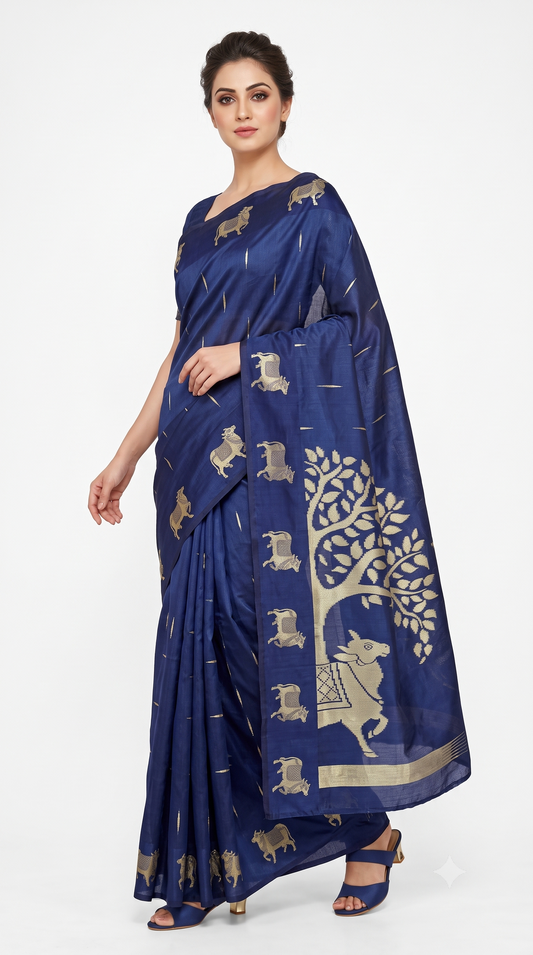 Royal Navy Blue Raw Silk Saree with Kamdhenu & Tree of Life Zari Motifs