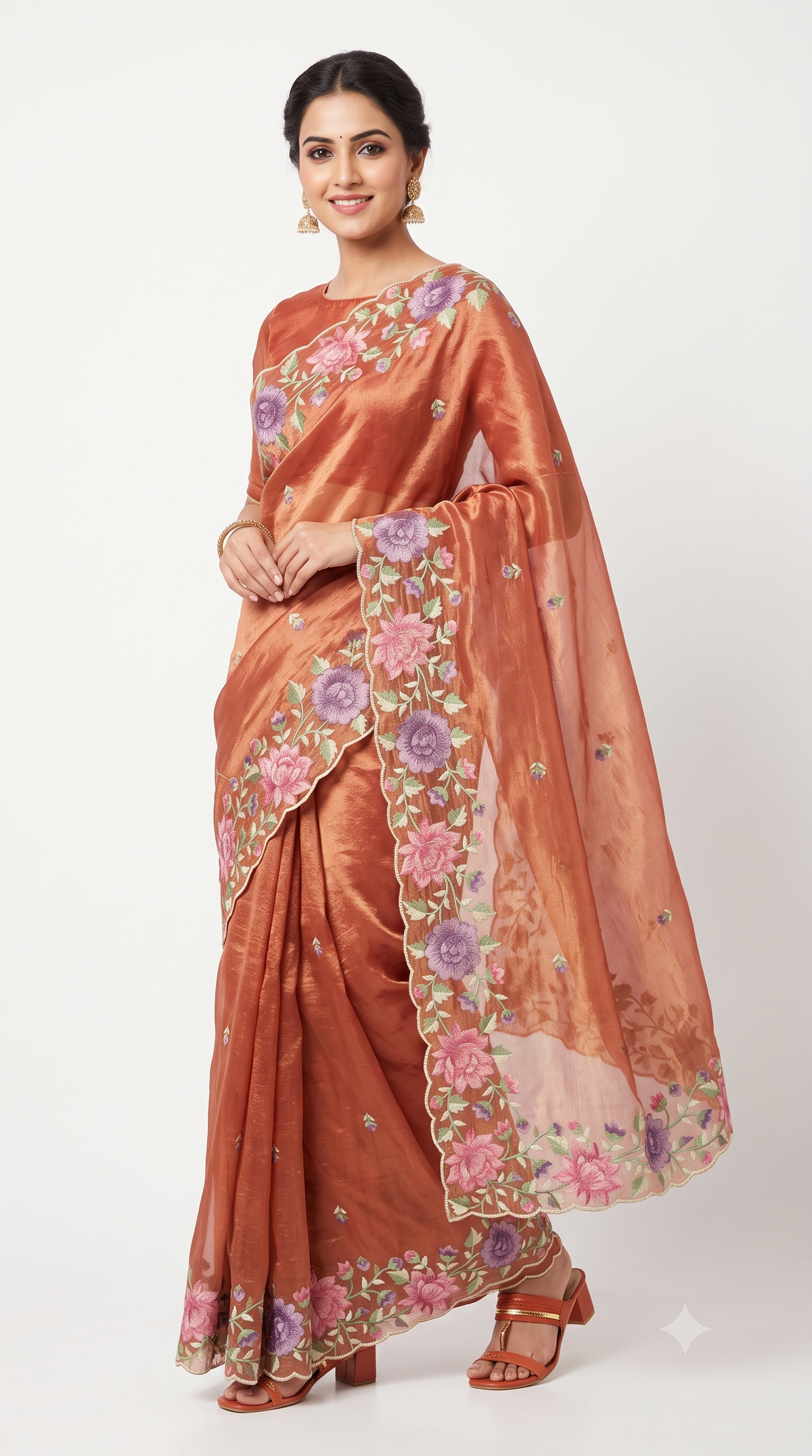 Copper Rust Tissue Organza Saree with Scalloped Floral Embroidery