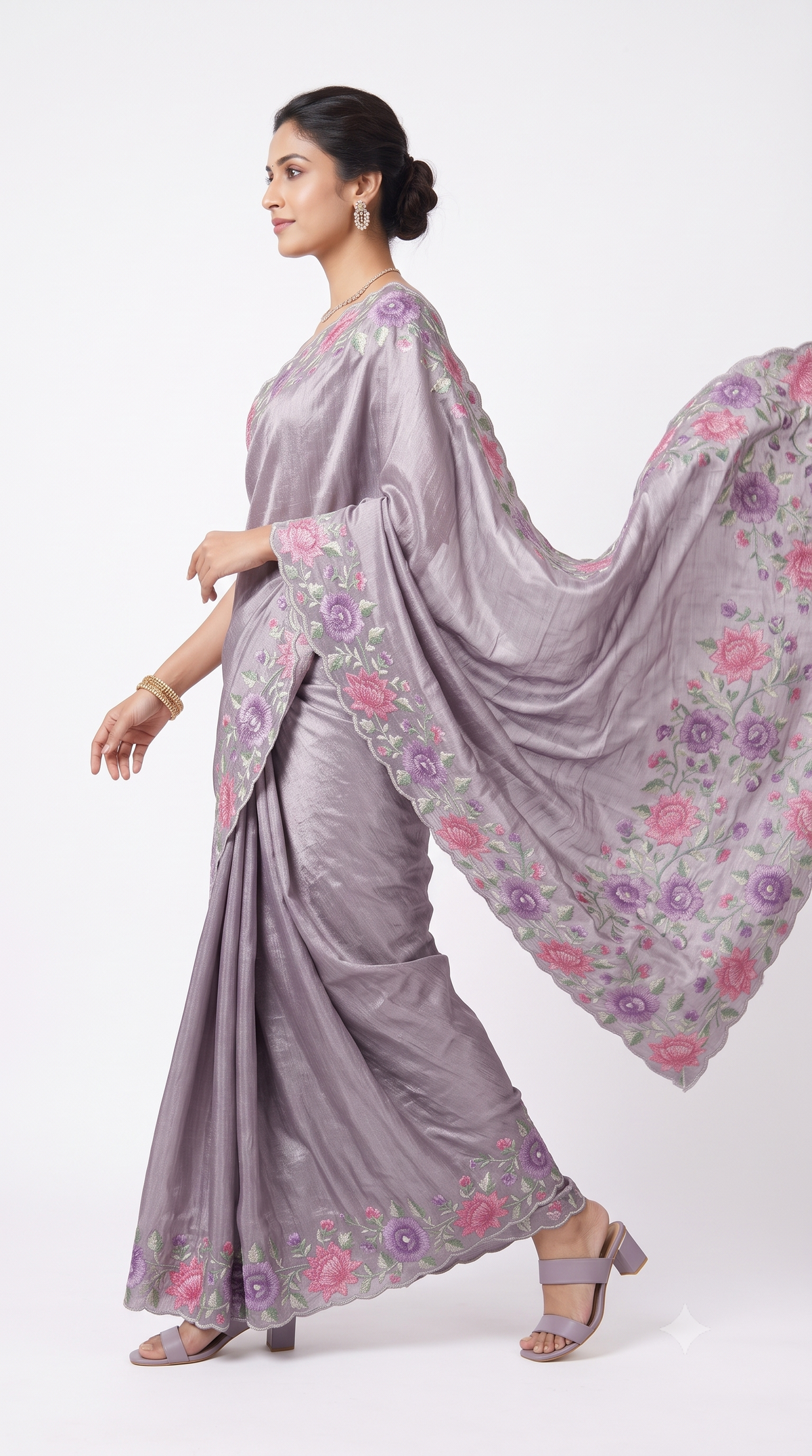 Lavender Grey Tissue Organza Saree with Floral Scallop Borders