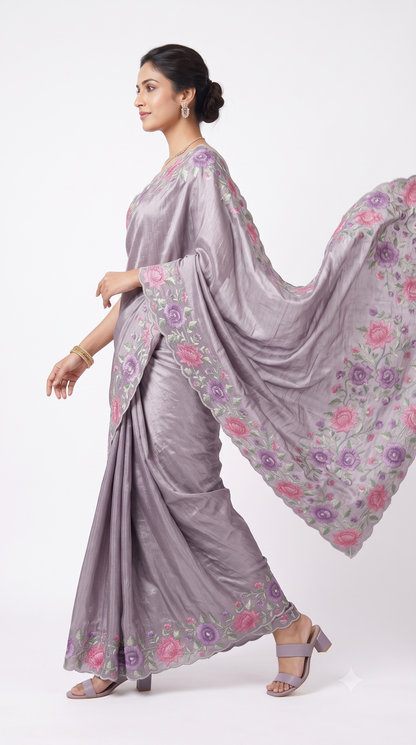 Lavender Grey Tissue Organza Saree with Floral Scallop Borders