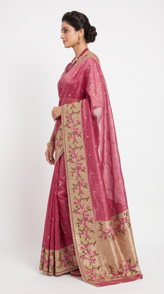 Magenta Pink Art Silk Saree with Bird & Floral Embroidered Border