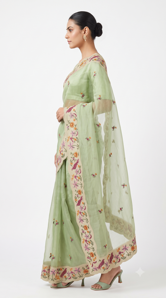 Mint Green Sheer Organza Saree with Hand-Embroidered Bird & Scalloped Border