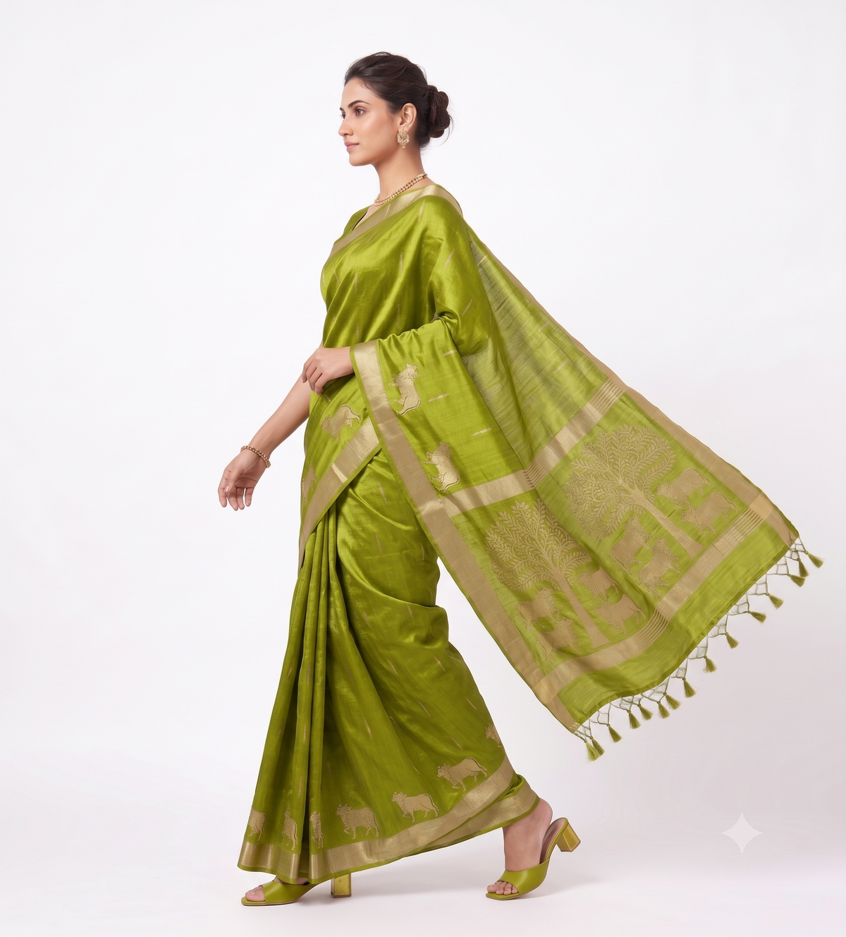 Olive Green Raw Silk Saree with Kamdhenu & Tree of Life Zari Motifs