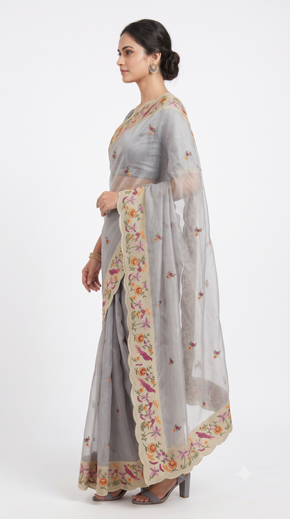Silver Grey Sheer Organza Saree with Bird & Floral Scalloped Embroidery