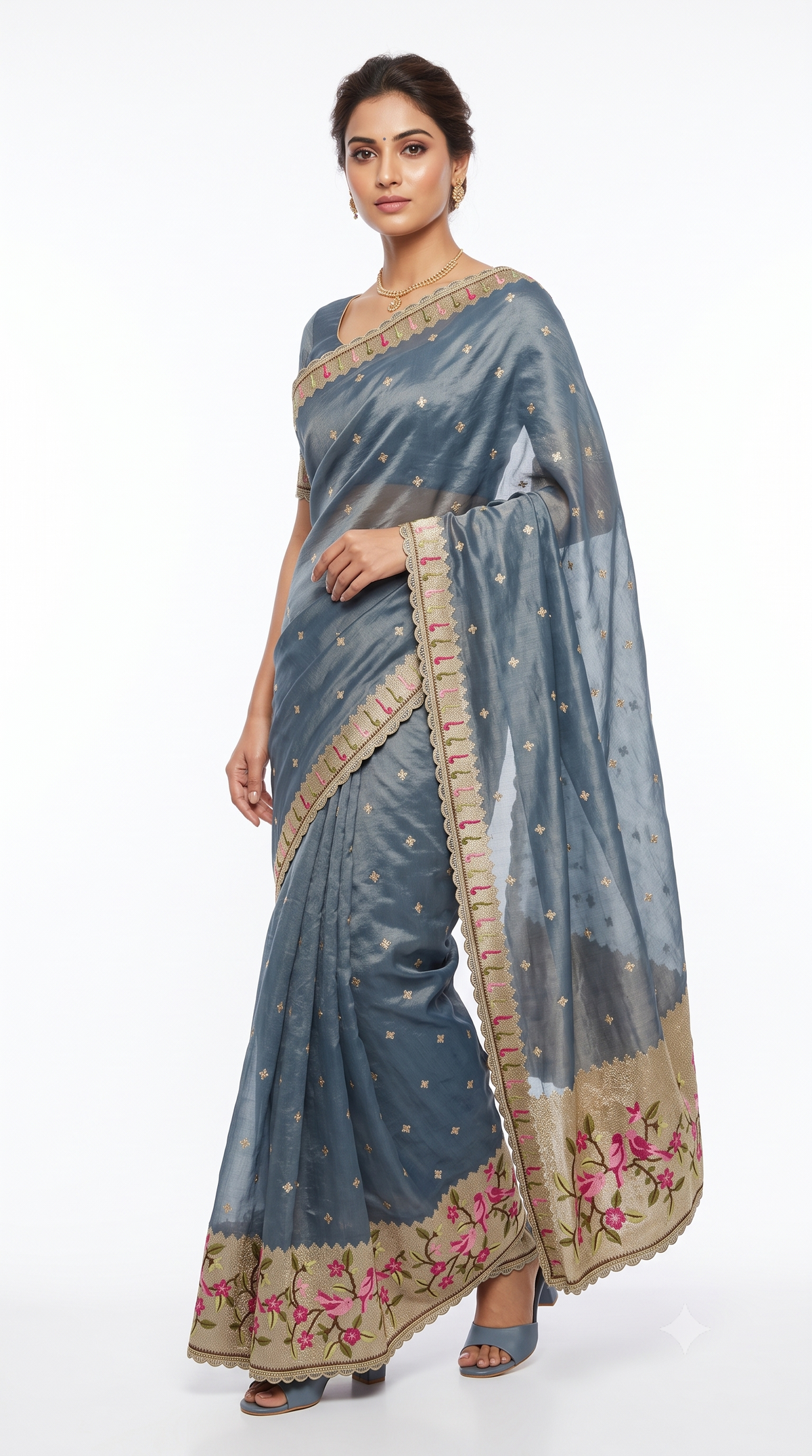 Steel Blue Raw Silk Saree with Bird & Floral Embroidered Border