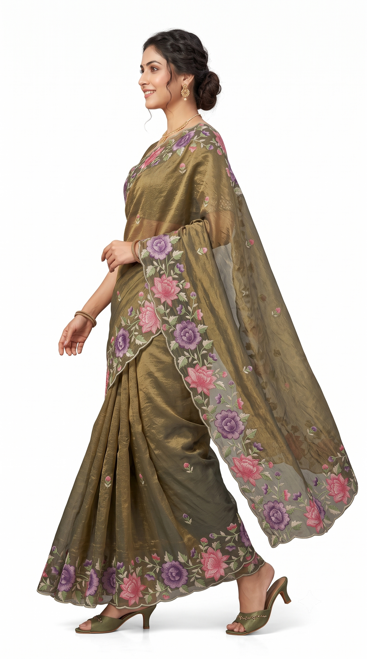 Metallic Olive Green Tissue Organza Saree with Scalloped Floral Embroidery