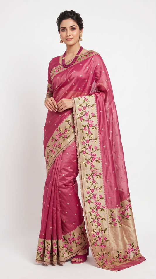Magenta Pink Art Silk Saree with Bird & Floral Embroidered Border