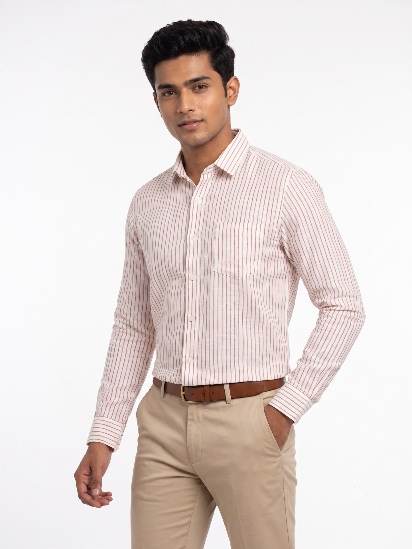 Men Premium Red Vertical Striped Cotton Linen Shirt