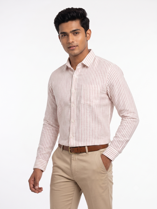 Men Premium Red Vertical Striped Cotton Linen Shirt
