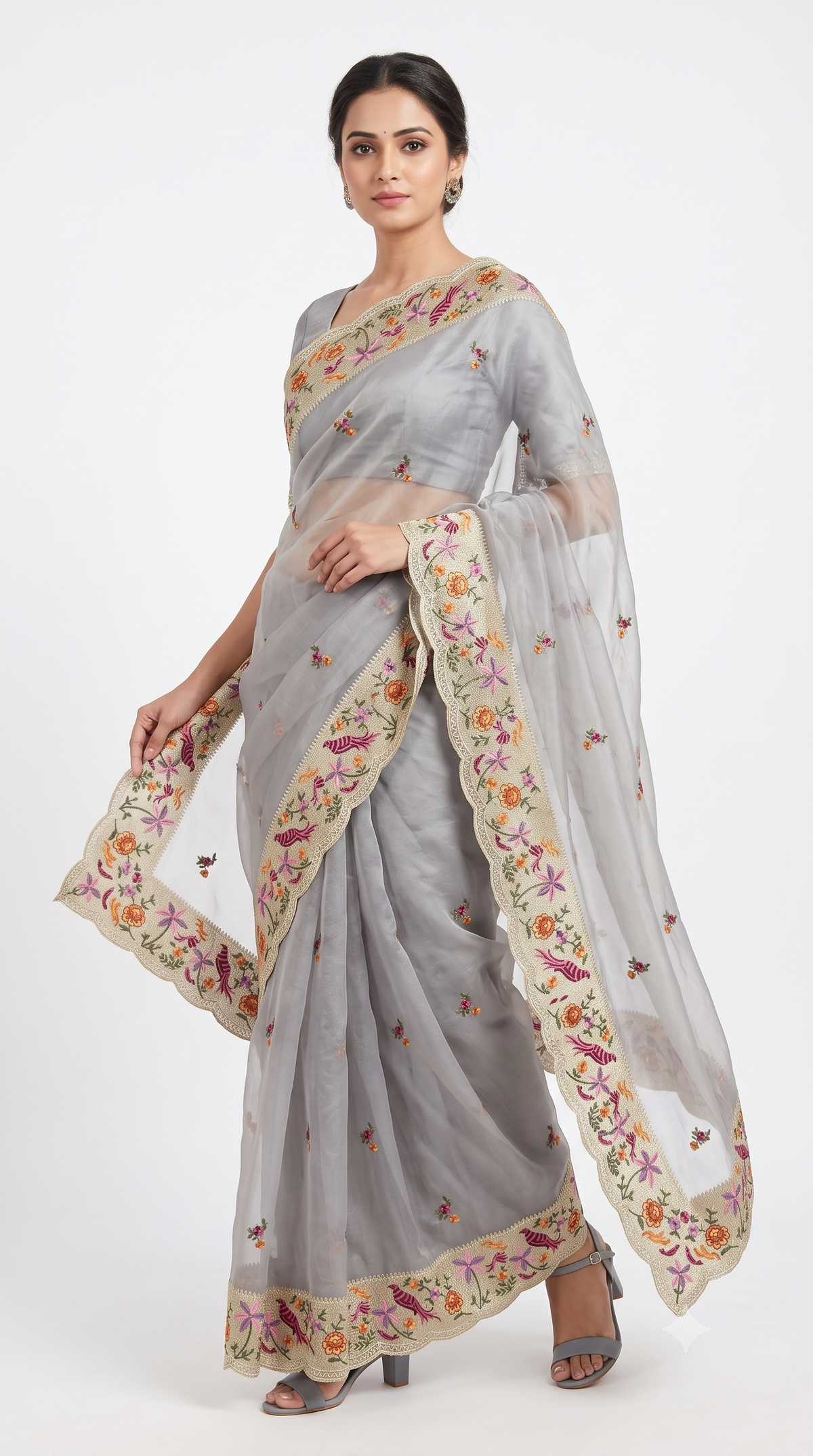 Silver Grey Sheer Organza Saree with Bird & Floral Scalloped Embroidery