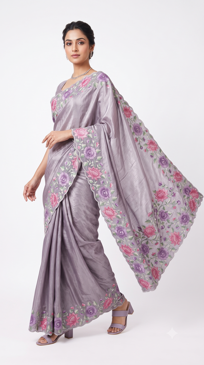 Lavender Grey Tissue Organza Saree with Floral Scallop Borders