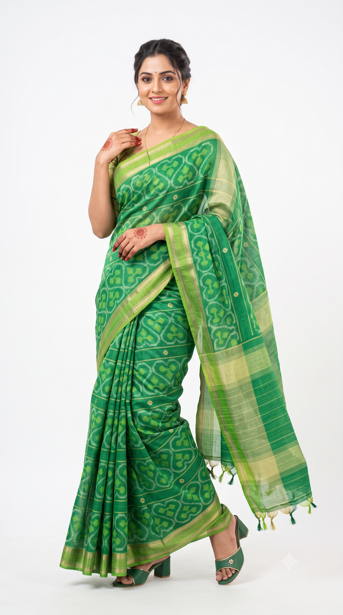 Green: Handcrafted Ikkat Cotton Silk Saree
