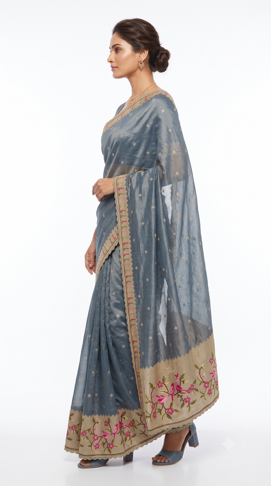 Steel Blue Raw Silk Saree with Bird & Floral Embroidered Border