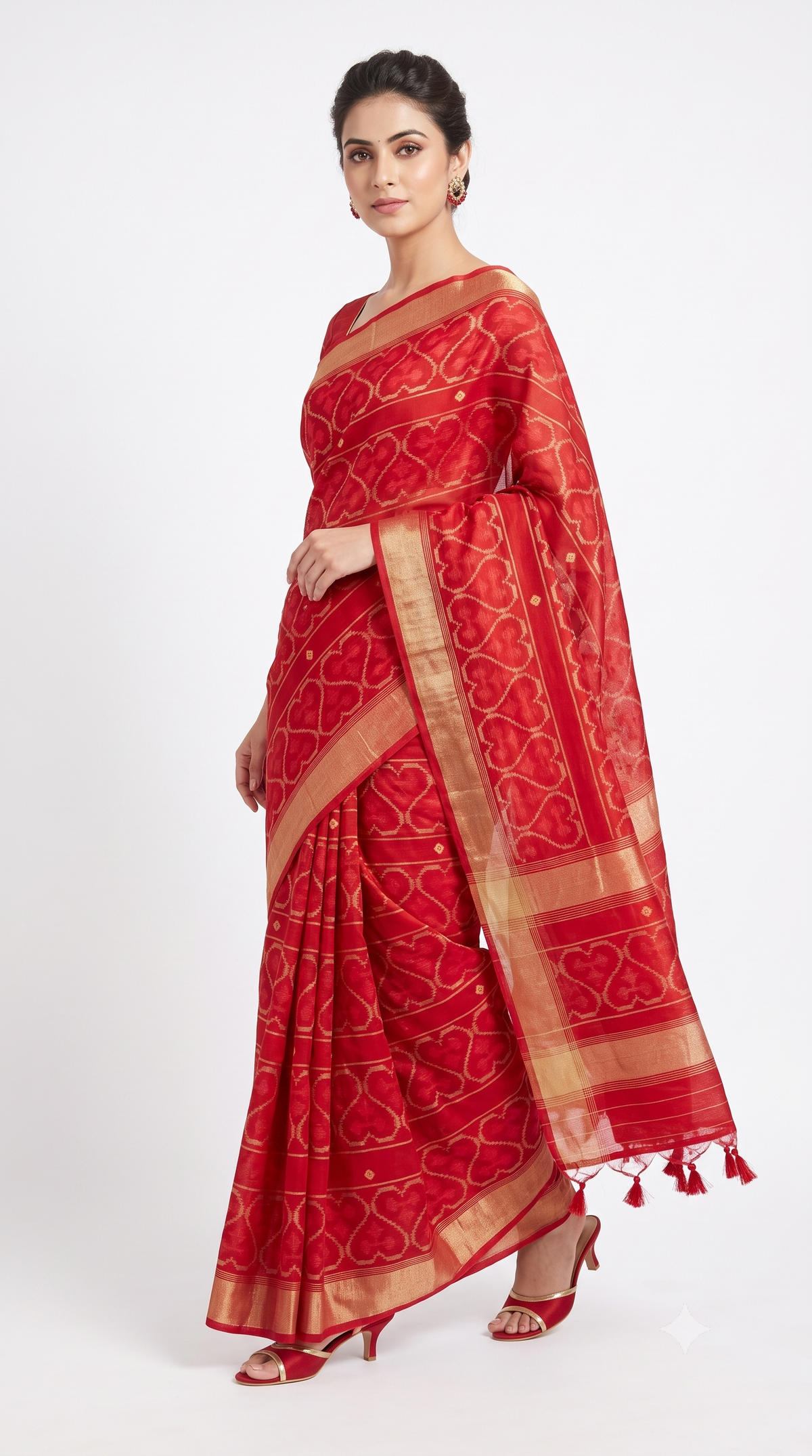 Handcrafted Scarlet Red Ikkat Cotton Silk Saree