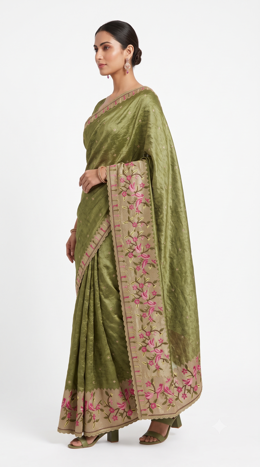 Olive Green Raw Silk Saree with Bird & Floral Embroidered Border