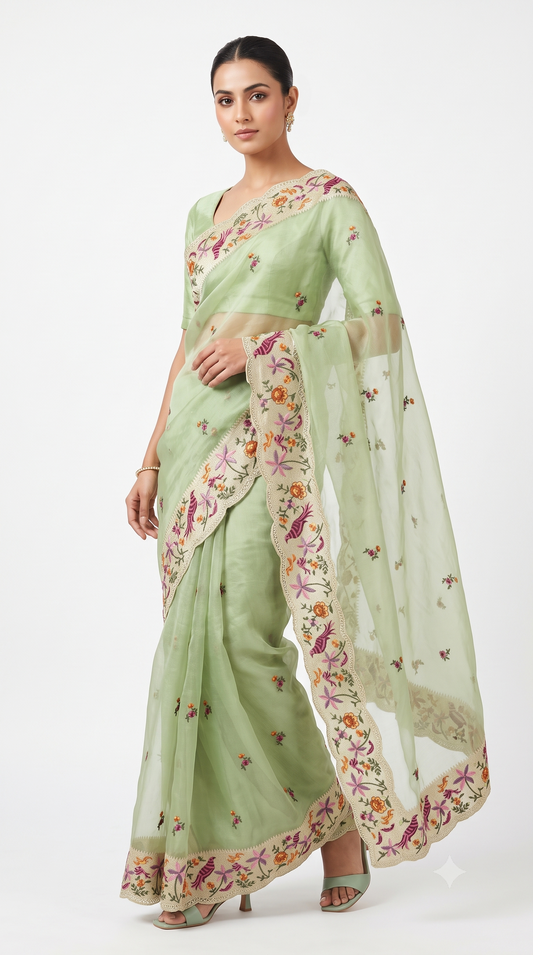 Mint Green Sheer Organza Saree with Hand-Embroidered Bird & Scalloped Border