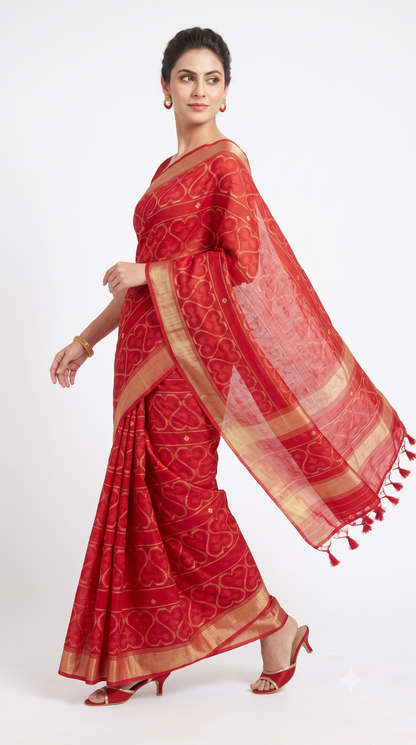 Handcrafted Scarlet Red Ikkat Cotton Silk Saree