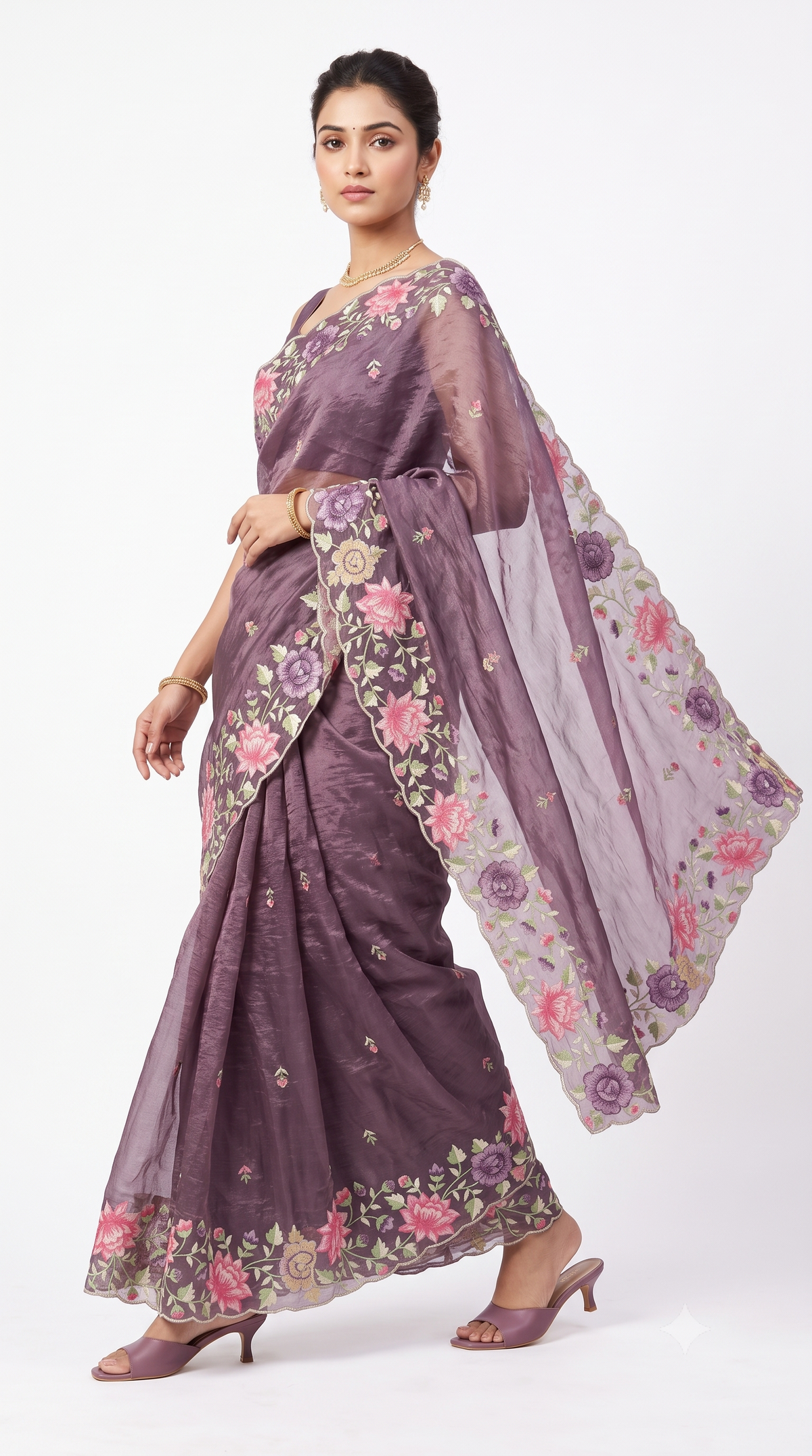 Dusty Plum Tissue Organza Saree with Scalloped Floral Embroidery