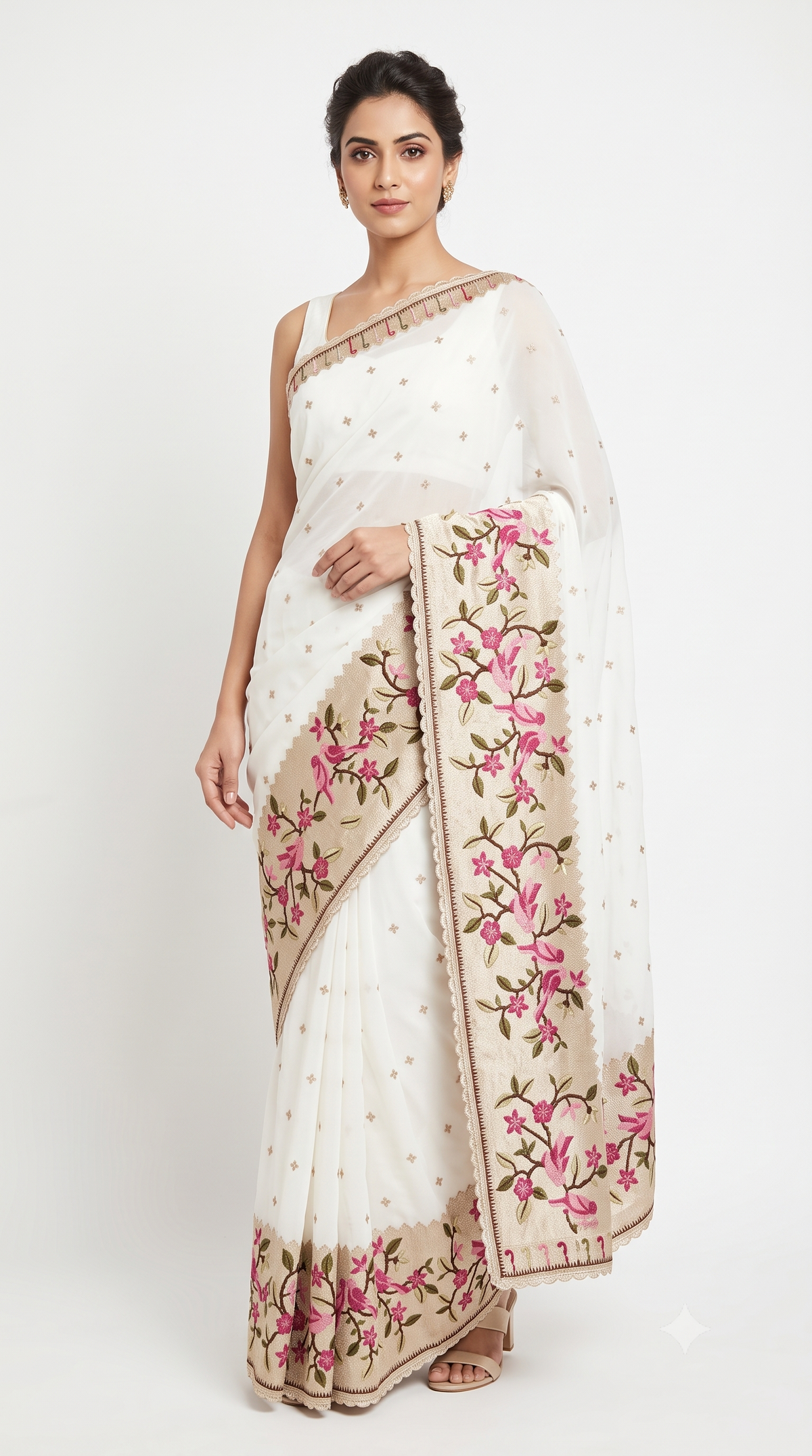 Ivory White Silk Saree with Bird & Floral Embroidered Scalloped Border