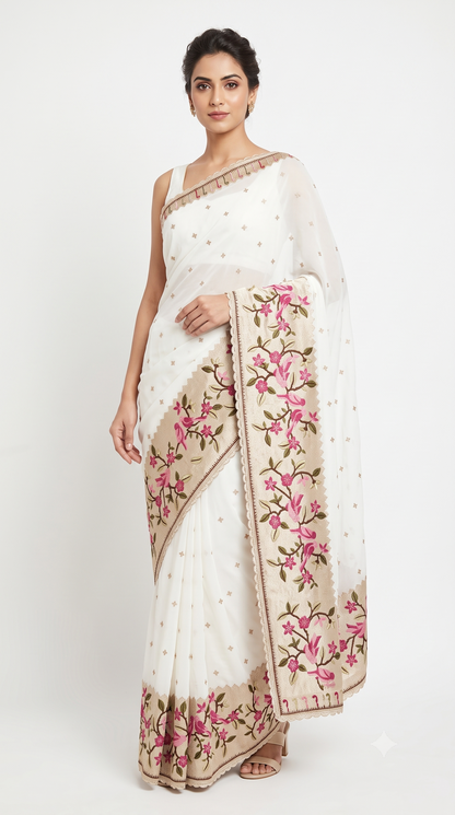 Ivory White Silk Saree with Bird & Floral Embroidered Scalloped Border