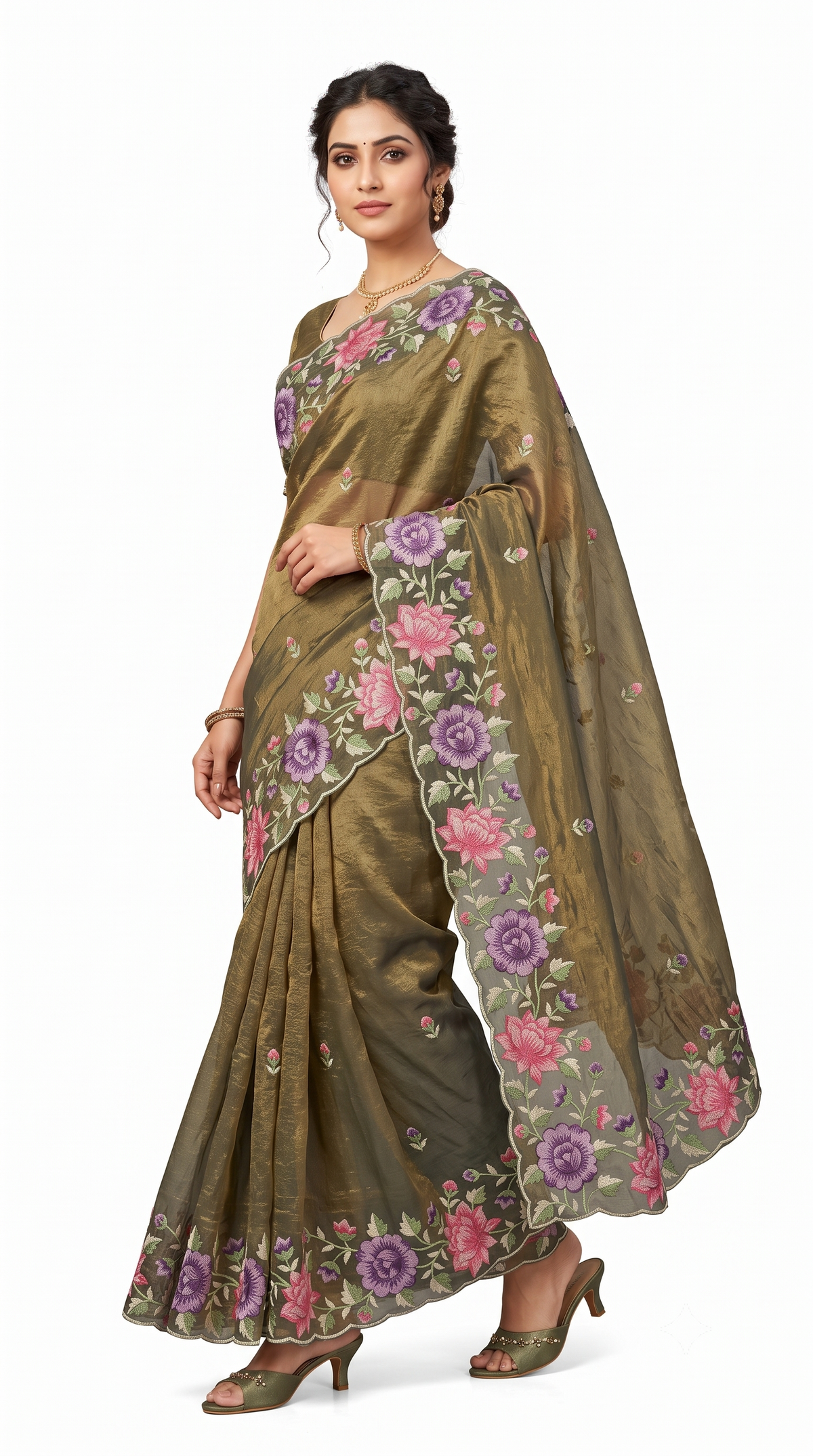 Metallic Olive Green Tissue Organza Saree with Scalloped Floral Embroidery