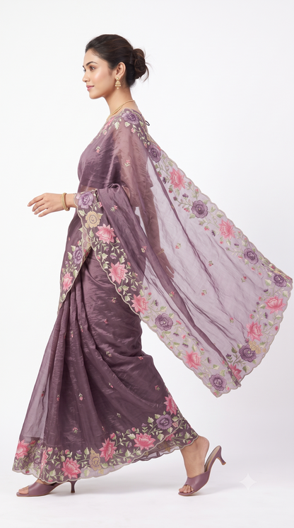 Dusty Plum Tissue Organza Saree with Scalloped Floral Embroidery
