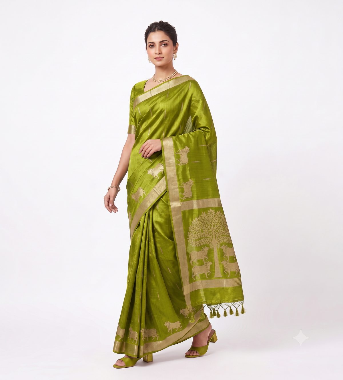 Olive Green Raw Silk Saree with Kamdhenu & Tree of Life Zari Motifs