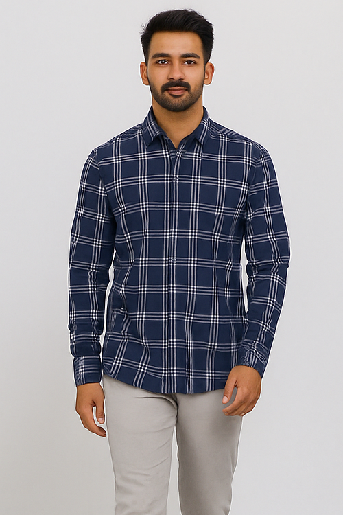 Navy Blue Tartan Checks Shirt