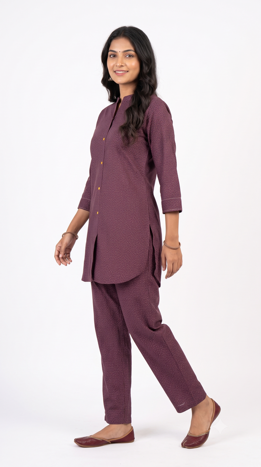 Wine Maroon Printed Straight Kurta Pant Set for Women