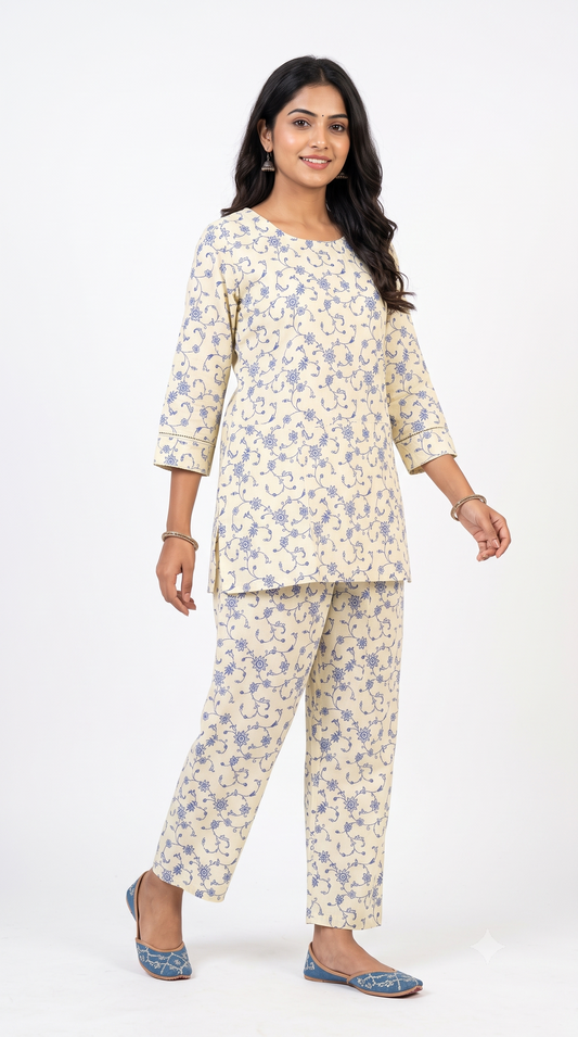 Cream & Blue Floral Printed Kurta Pant Set for Women