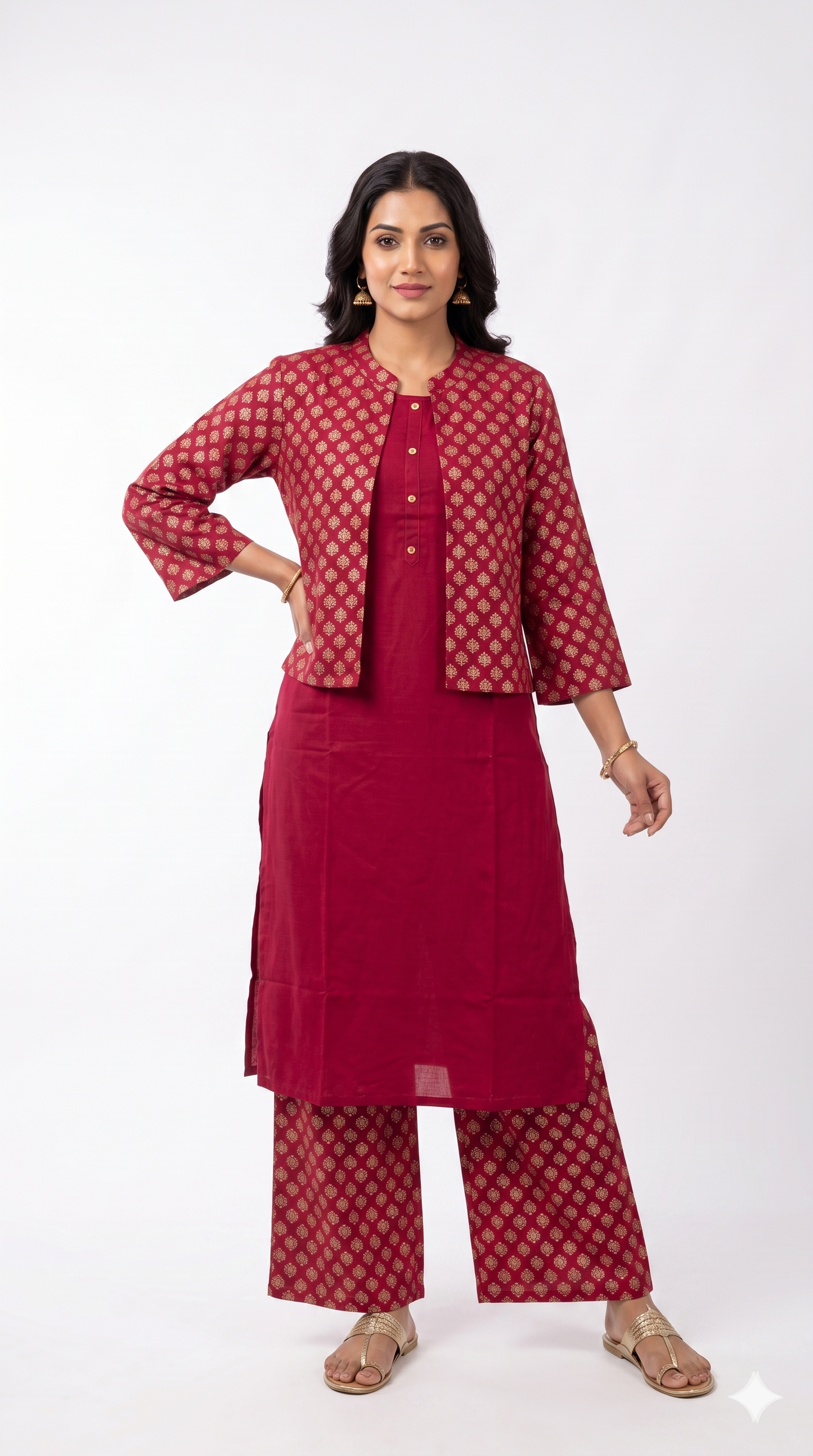 Kurta Set Jacket -Women- Burgundy Red