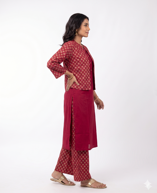 Kurta Set Jacket -Women- Burgundy Red
