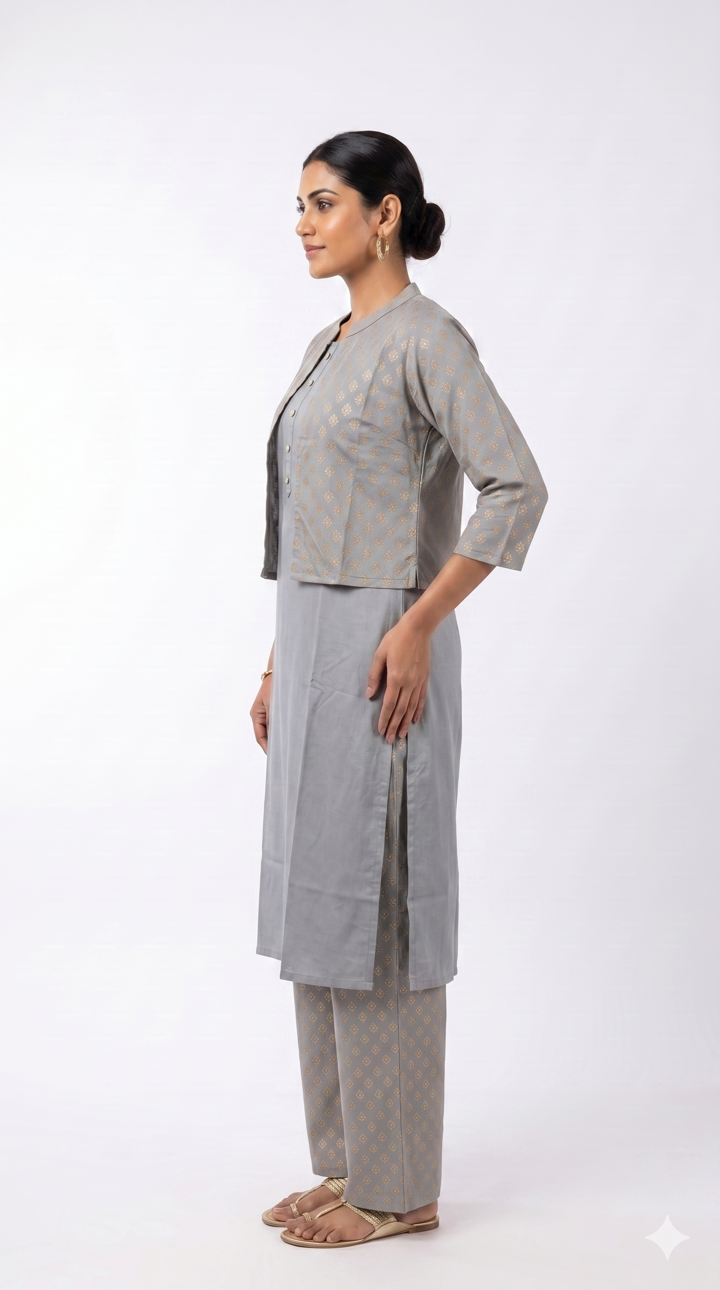 Woman wearing a gray patterned outfit on a white background