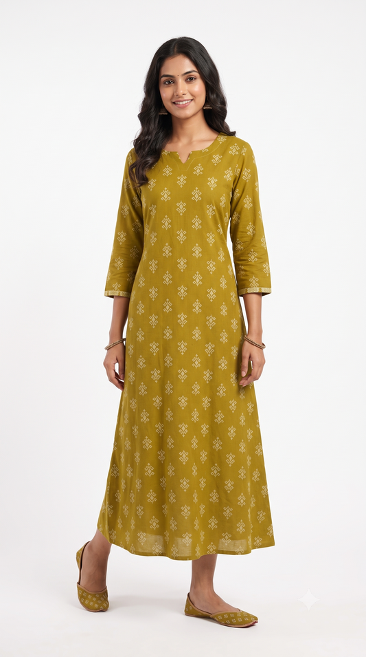 Olive Green Ethnic Print Anarkali Kurti