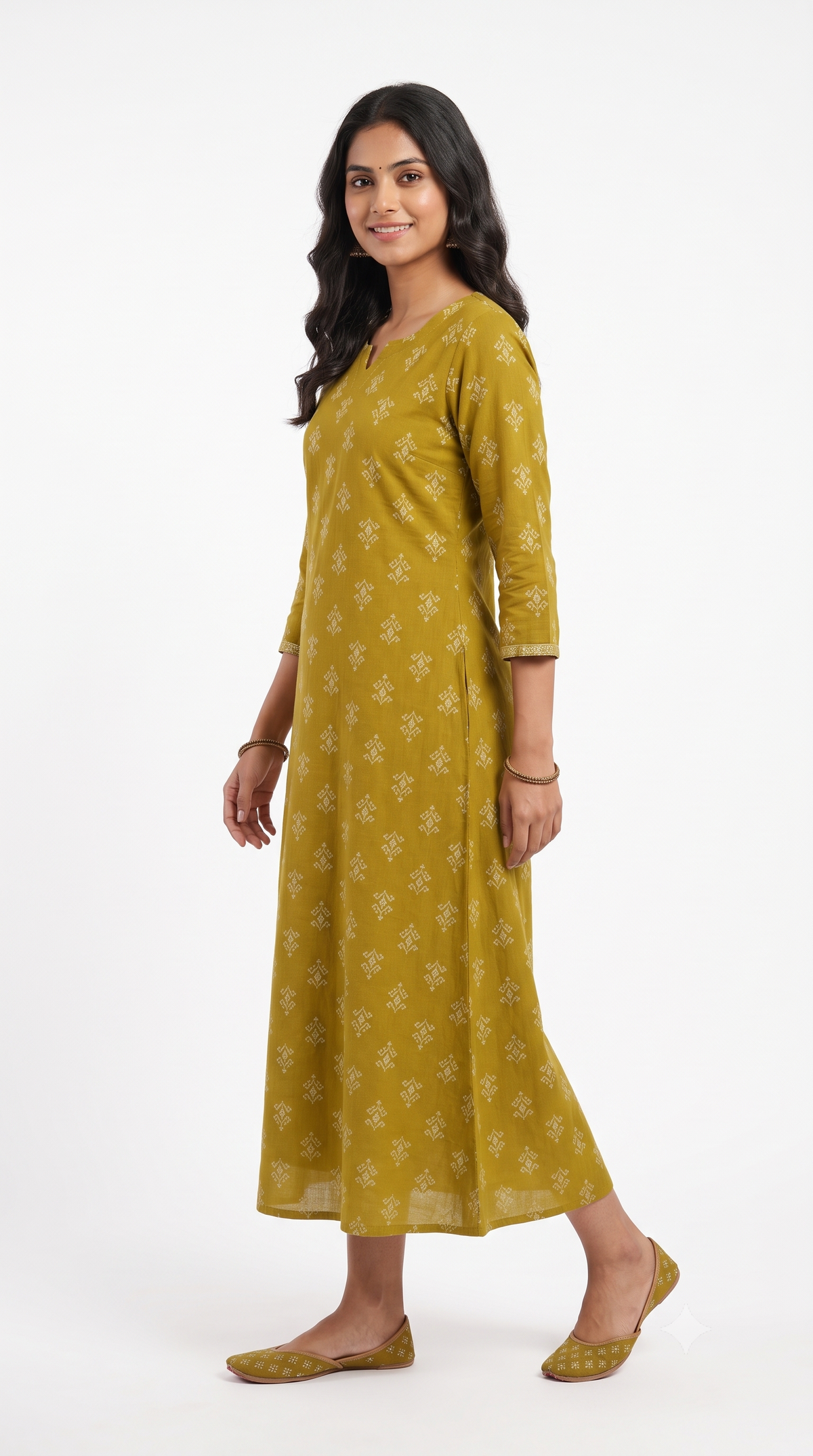 Olive Green Ethnic Print Anarkali Kurti