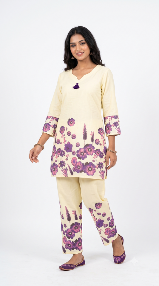 Cream & Purple Floral Printed Kurta Pyjama Set