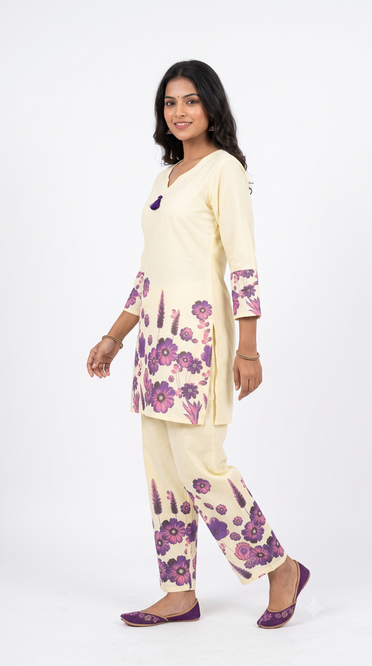 Cream & Purple Floral Printed Kurta Pyjama Set