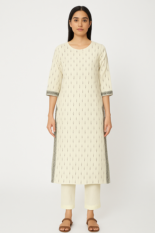 Ivory Ikat Kurta Set with Contrast Detailing