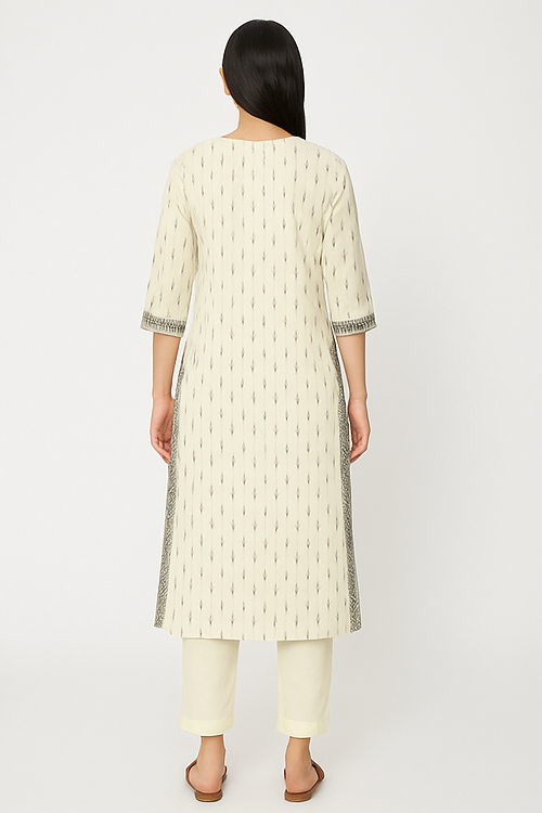 Ivory Ikat Kurta Set with Contrast Detailing