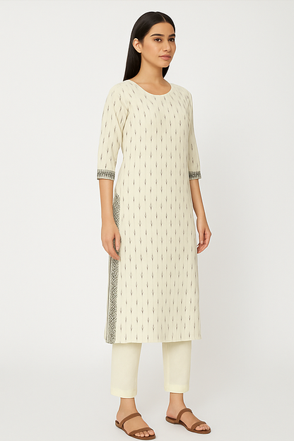 Ivory Ikat Kurta Set with Contrast Detailing