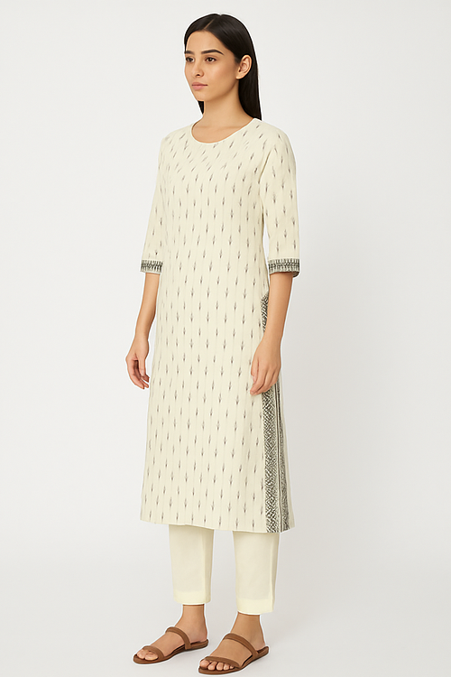 Ivory Ikat Kurta Set with Contrast Detailing