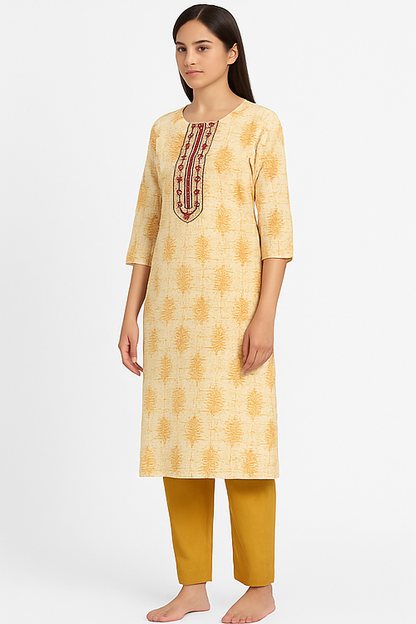 Noor Mustard Block Print Embroidered Kurta