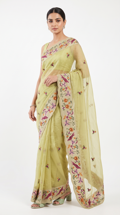 Lime Green Sheer Organza Saree with Bird & Floral Scalloped Embroidery