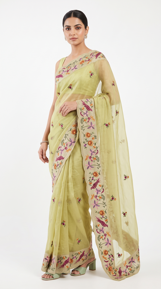 Lime Green Sheer Organza Saree with Bird & Floral Scalloped Embroidery