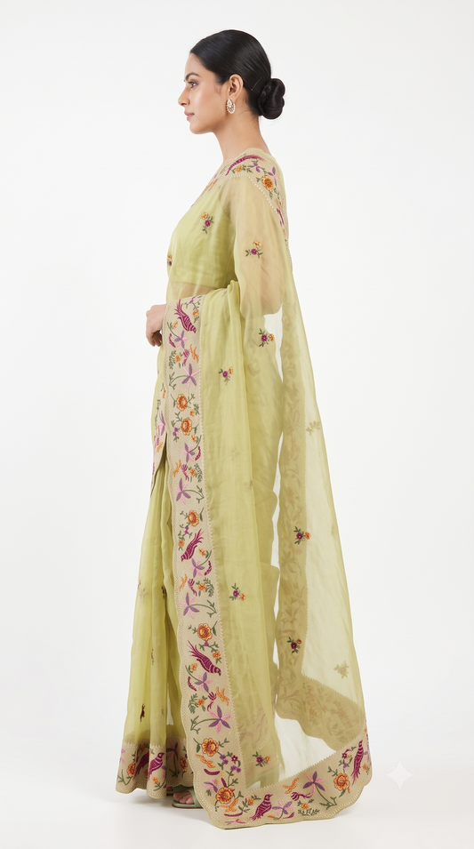 Lime Green Sheer Organza Saree with Bird & Floral Scalloped Embroidery