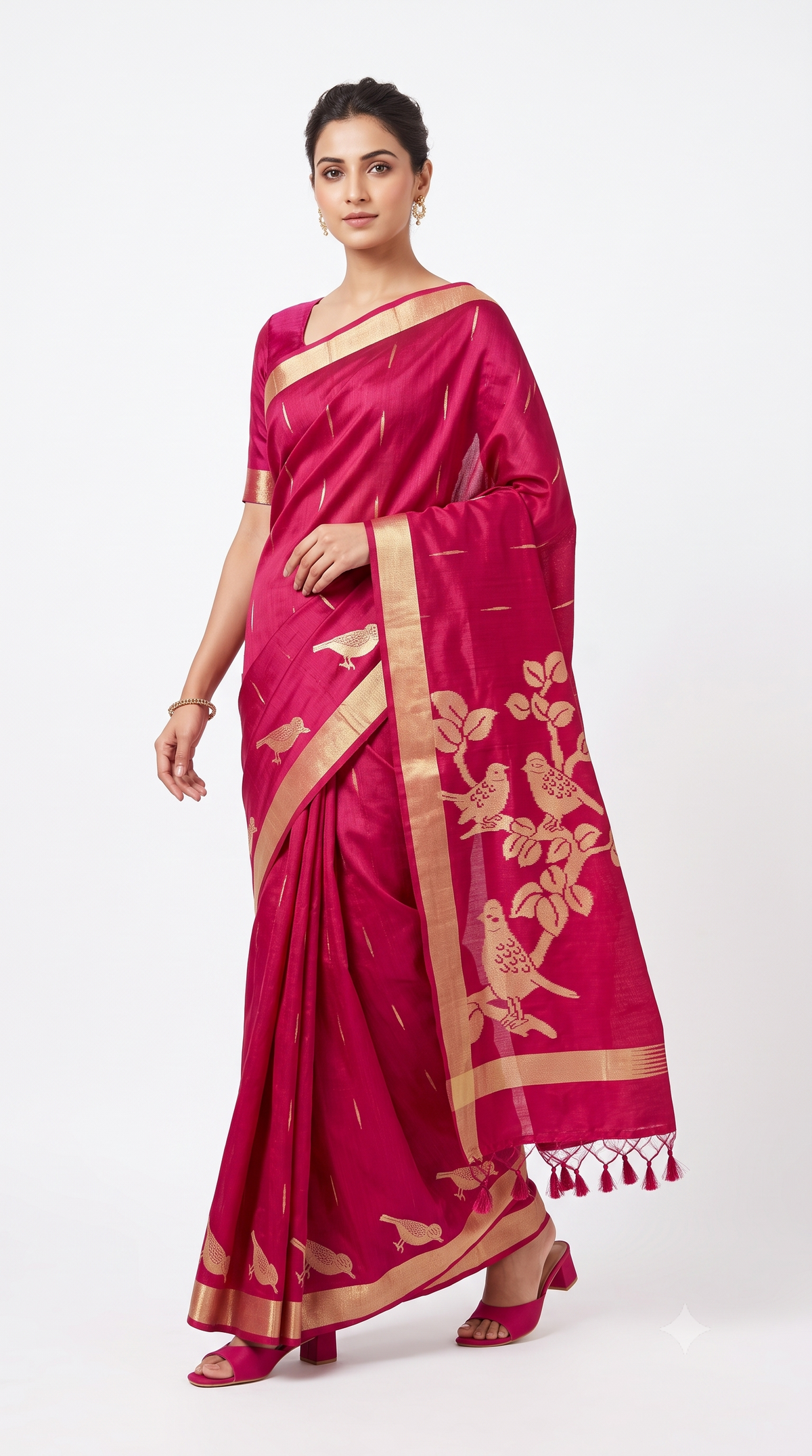 Magenta Pink Raw Silk Saree with Heritage Bird Zari Motifs
