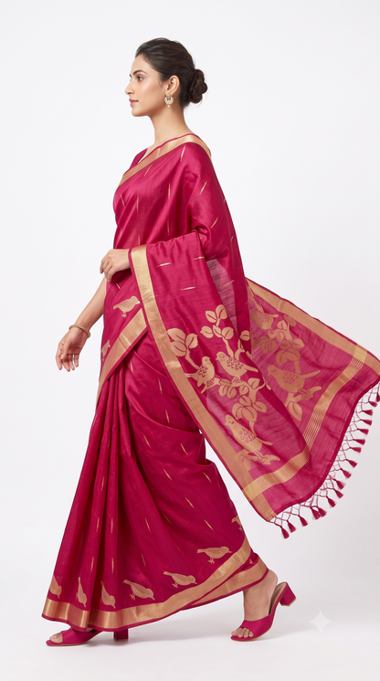 Magenta Pink Raw Silk Saree with Heritage Bird Zari Motifs