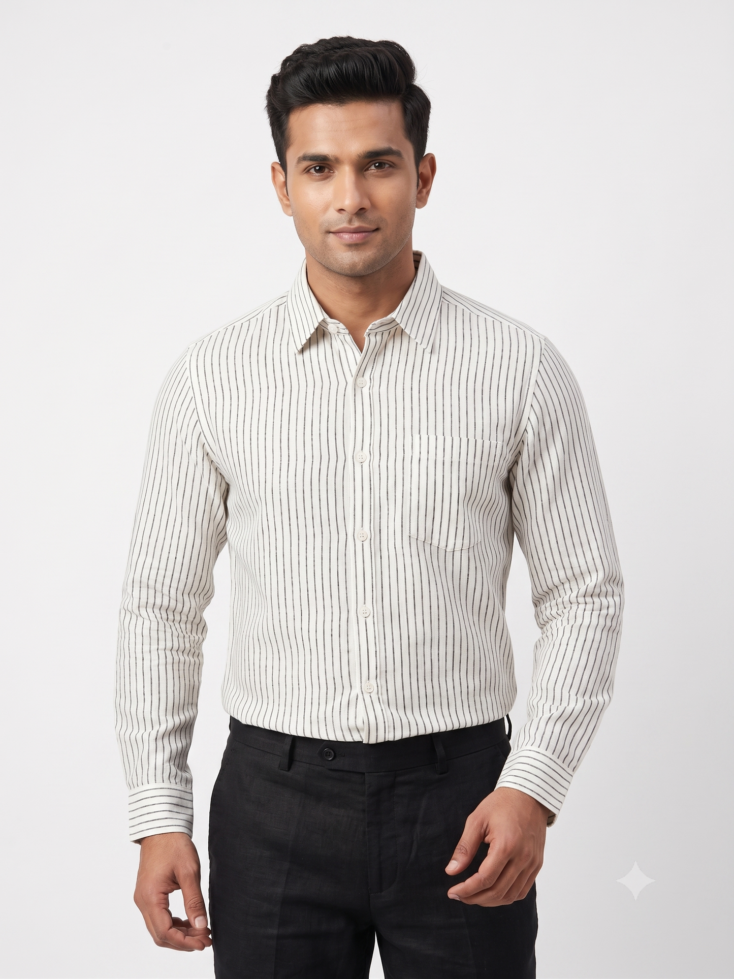 Men Off White and Black Vertical Striped Formal Shirt