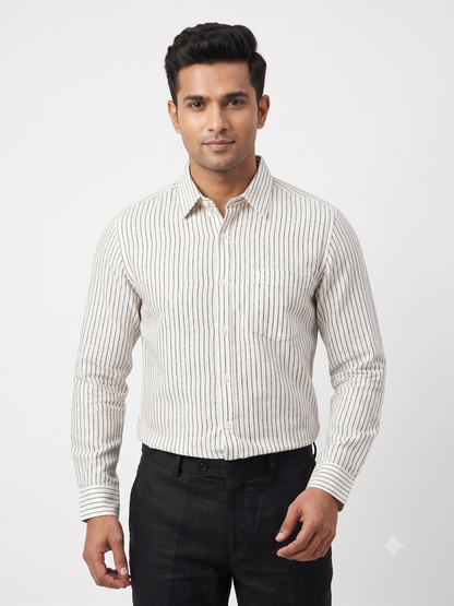 Men Off White and Black Vertical Striped Formal Shirt