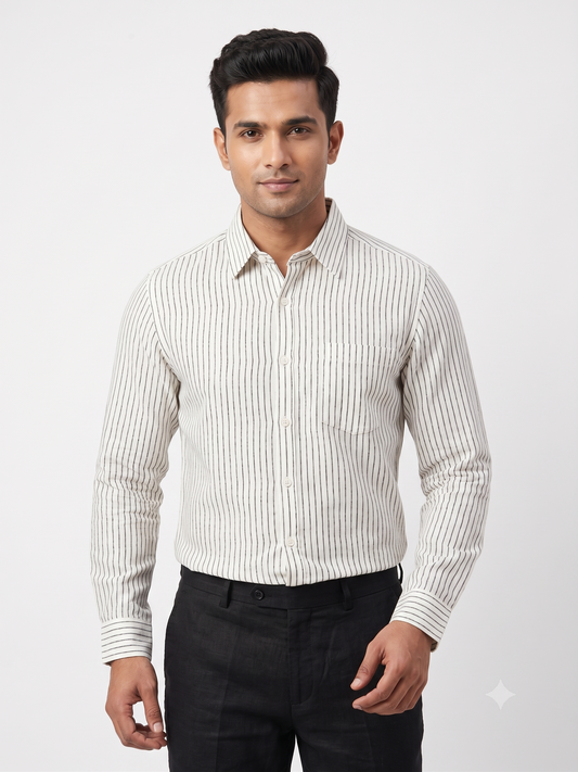 Men Off White and Black Vertical Striped Formal Shirt